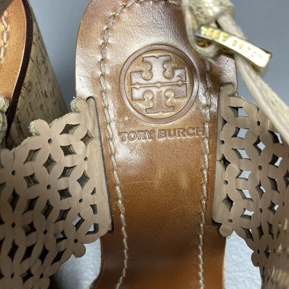 TORY BURCH Sandals Perforated Leather Wedge Platform Cork Heel Womens 6 Gold - Picture 3 of 9